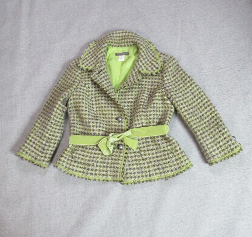 SIGRID OLSEN Jacket Medium Green Tweed Check Velvet Ribbon Belt Vintage Y2K